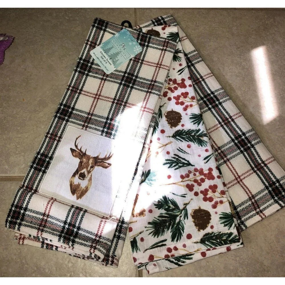 NWT Set‎ Of 3 Kitchen Towels Holiday Buck Deer 16” X 28”